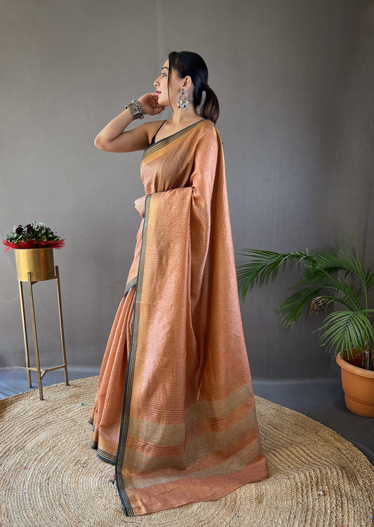 Peach Color Soft Silk Saree with All-Over Zari Checks Weaving Design and Border | Running Unstitched Blouse Included