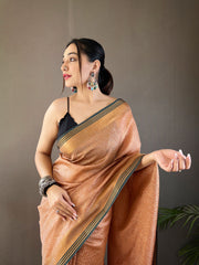 Peach Color Soft Silk Saree with All-Over Zari Checks Weaving Design and Border | Running Unstitched Blouse Included