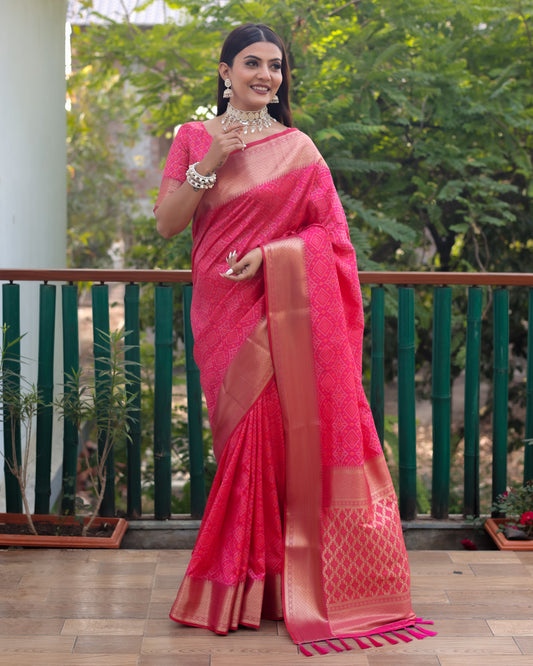 Pink Handloom Silk Bandhej Patola Sarees with Kanchi Borders