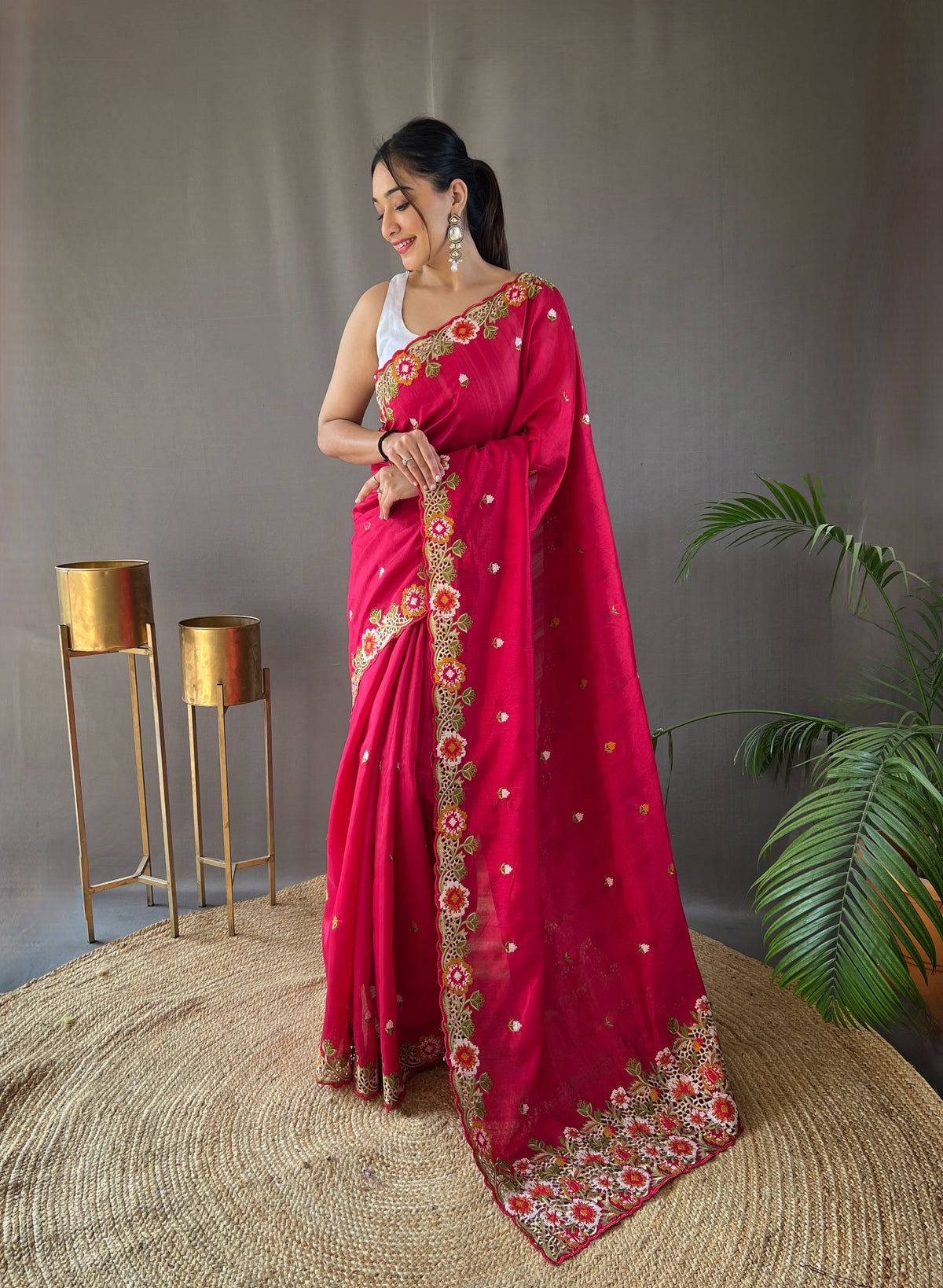 Pink Tussar Silk Saree with Embroidery Work