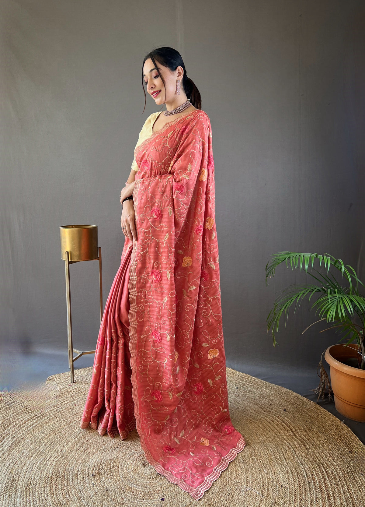 Pink Pure Tussar Silk Saree with Embroidery Design