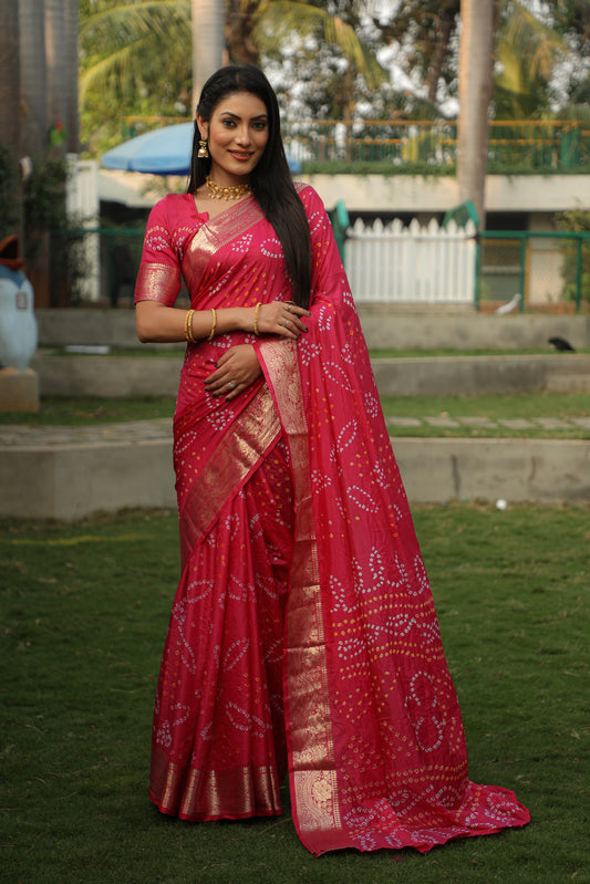 Pink Handmade Bandhej Silk Saree With Matching Blouse