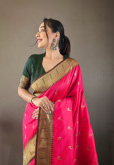 Pink Color Paithani Silk Saree with Rich Contrast Weaving Pallu, Border & Beautiful Buttis | Conceptual Brocade Unstitched Blouse Piece Included.