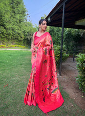 Pink Color Pure Paithani Saree with All-Over Zari and Meenakari Weaves | Richly Woven Pallu | Stunning Multi-Colored Border | Includes Unstitched Blouse Piece.