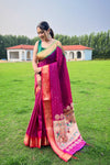 Pink Paithani Weaving Saree with Ganga Jamuna Border: Elegant Rich Pallu, All-Over Buttis, and New Concept Design.