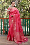 Luxury Handloom Pink Silk Bandhej Patola Sarees with Kanchi Borders and Unstitched Blouse Piece.