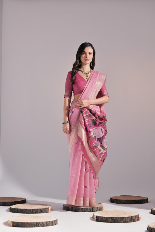 Pink Muga Cotton Saree with Contrast Blouse.