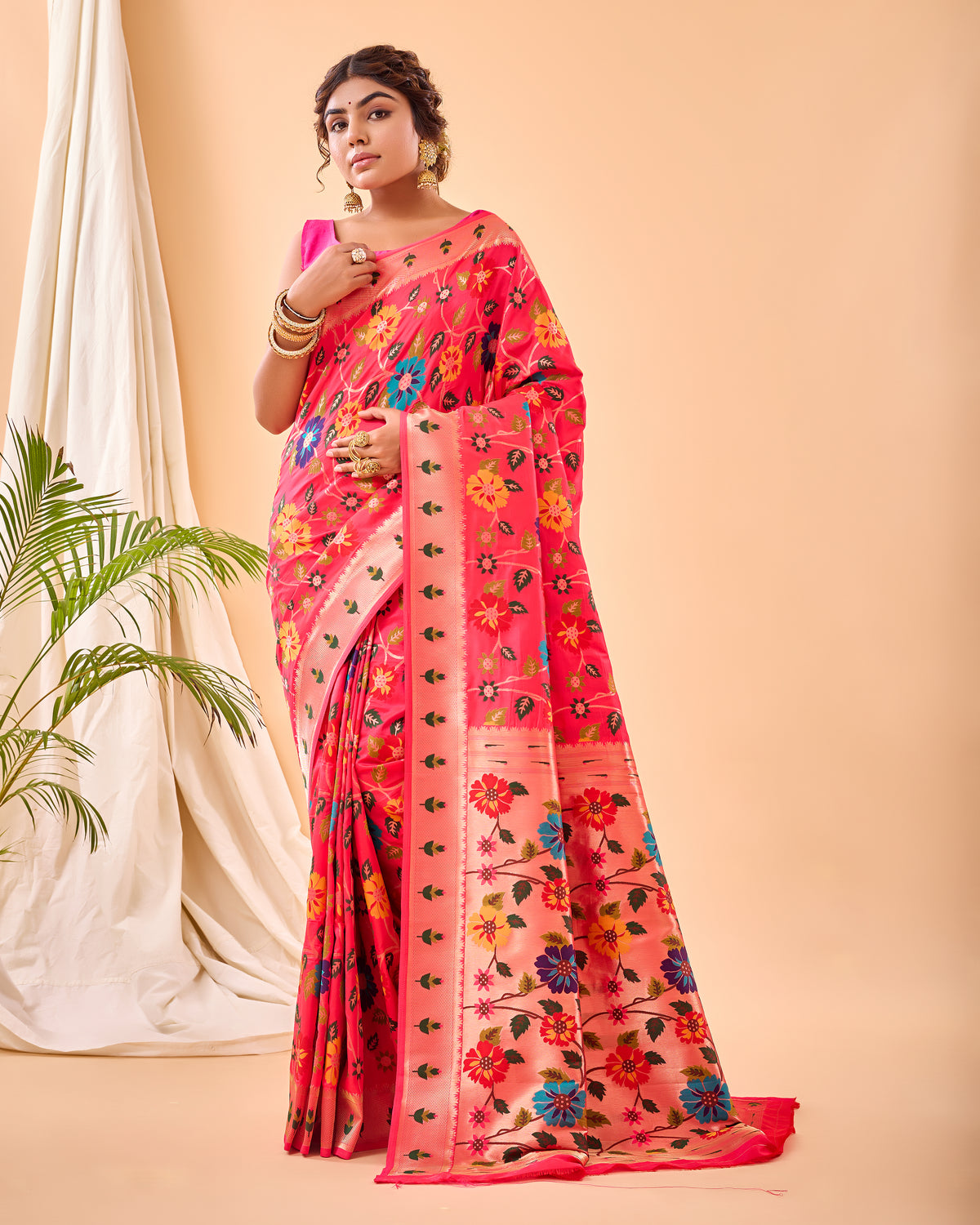 Pink Pure Paithani Silk Saree with Jaal Design and Meenakari Work, Paithani Border, and Rich Pallu – Includes Unstitched Blouse Piece.