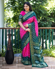 Authentic Pink Pure Bandhej Silk Saree with Zari Weaving, Broad Border, Rich Pallu & Unstitched Blouse Piece.