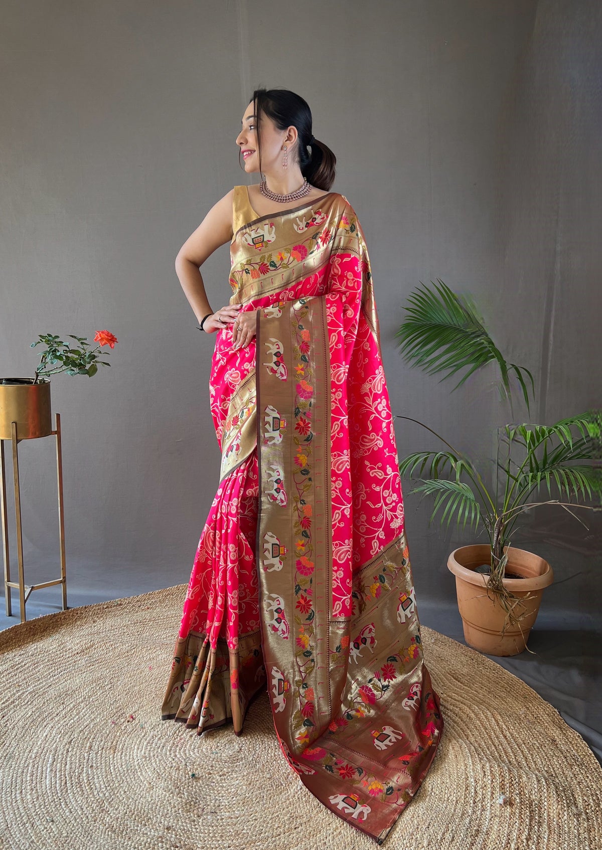 Beautiful Pink Lucknowi Weaving Saree with Paithani and Patola Fusion - Rich Meenakari Pallu, Elegant Border, Natural Concept with Golden Zari Blend, and Contrast Blouse.