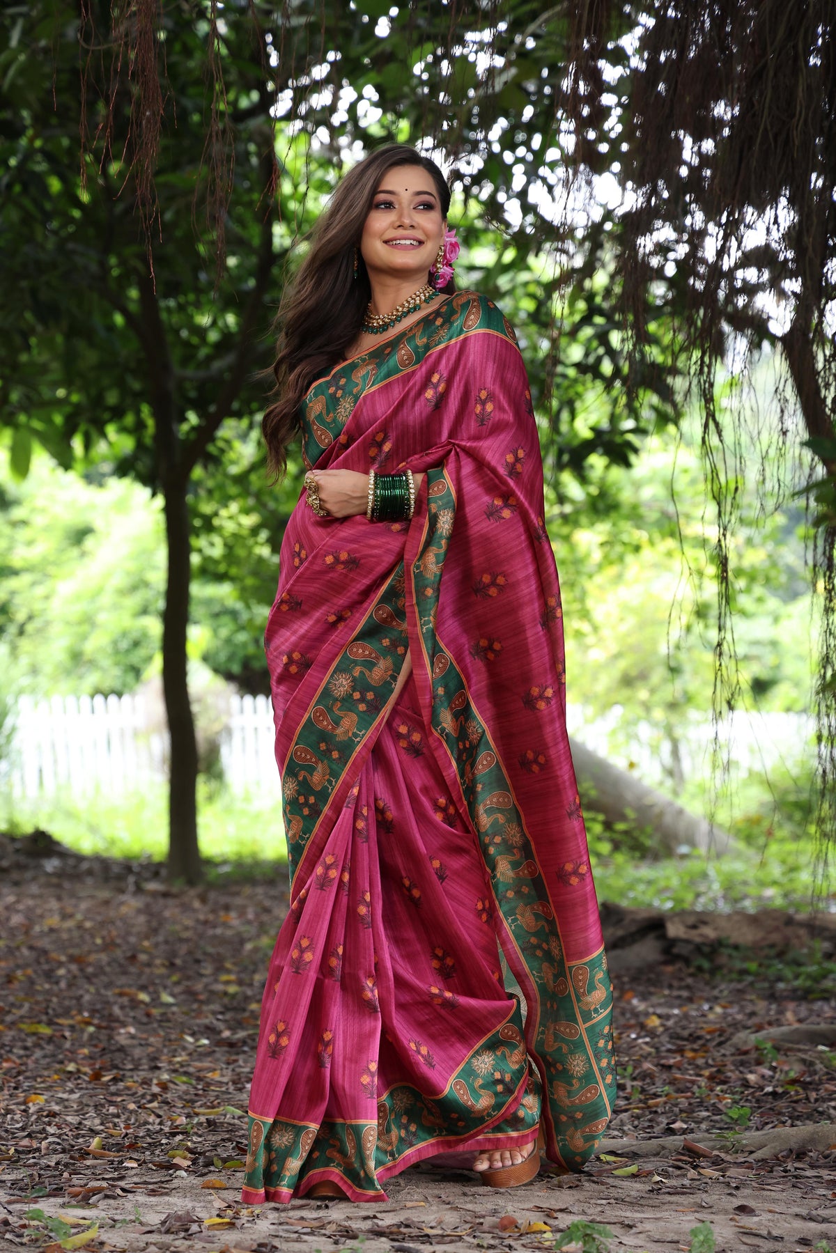 Pink Soft Tussar Silk Saree with Beautiful Peacock Prints, Traditional Printed Pallu & Contrast Border | Saree with Contrast Blouse Piece.