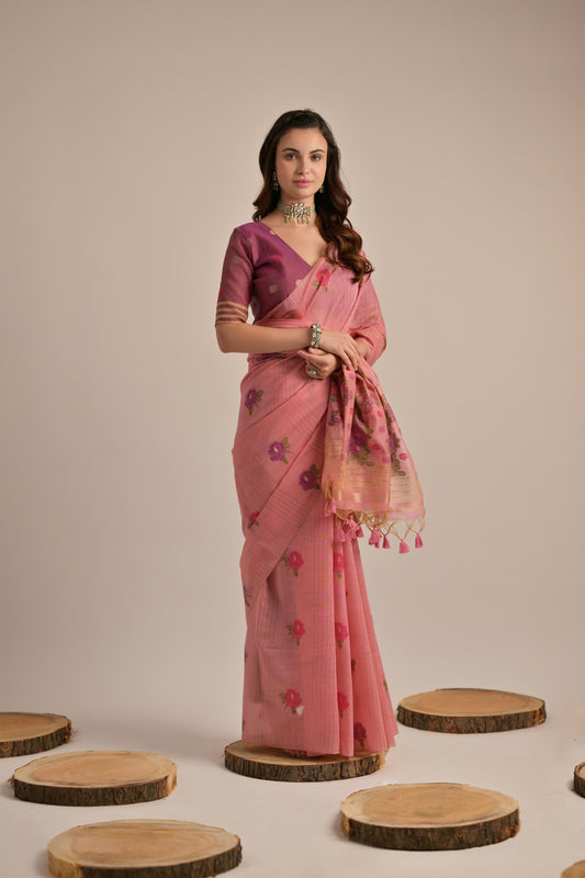 Pink Soft Muga Cotton Saree with Blouse