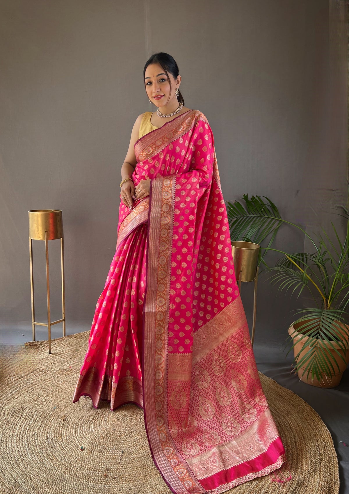 pink Color Rosy Soft Silk Saree with Beautiful Border, Rich Pallu & Full Brocade | Unstitched Blouse Included.