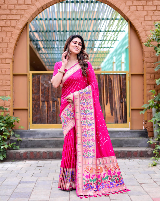 Pink Bandhej Paithani Silk Saree and Matching Blouse