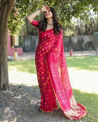 Luxurious Pink Bandhej Silk Saree with Zari Weaving and Rich Tissue Pallu – Elegant Bandhej Border & Matching Blouse.