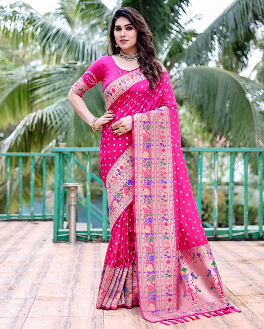 Premium Pink Bandhej Paithani Silk Saree with Zari Weaving, Rich Pallu & Matching Blouse – Elegant and Comfortable Designer Drapes.