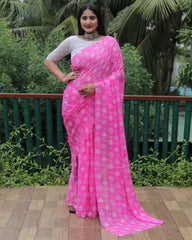 Elegant Pink Moss Chiffon Saree with Foil Print – Perfect for Festivals and Weddings | Imported Silk Blouse Included.