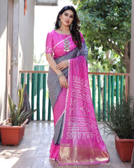 Premium Pink Pure Bandhej Silk Saree with Zari Weaving, Rich Tissue Pallu & Unstitched Blouse Piece.