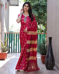 Authentic Pink Bandhej Silk Saree with Zari Weaving, Rich Tissue Pallu, Sibory Design & Matching Blouse.