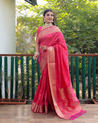 Elegant Pink Handloom Silk Bandhej Patola Sarees with Kanchi Borders & Unstitched Blouse