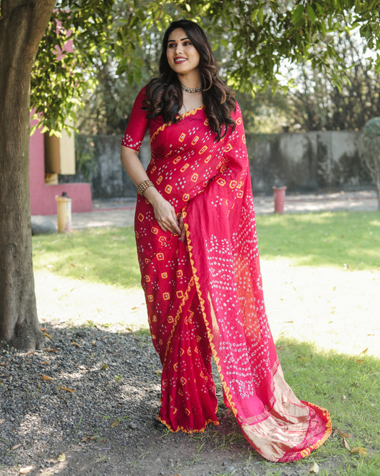 Luxurious Pink Bandhej Silk Saree with Zari Weaving and Rich Tissue Pallu – Elegant Bandhej Border & Matching Blouse.