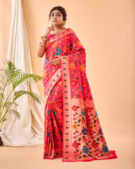 Pink Pure Paithani Silk Saree with Jaal Design and Meenakari Work, Paithani Border, and Rich Pallu – Includes Unstitched Blouse Piece.