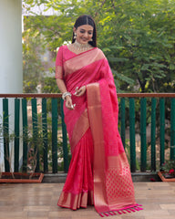 Exclusive Pink Handloom Silk Bandhej Patola Sarees with Kanchi Borders & Unstitched Blouse Piece