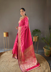 pink Color Rosy Soft Silk Saree with Beautiful Border, Rich Pallu & Full Brocade | Unstitched Blouse Included.