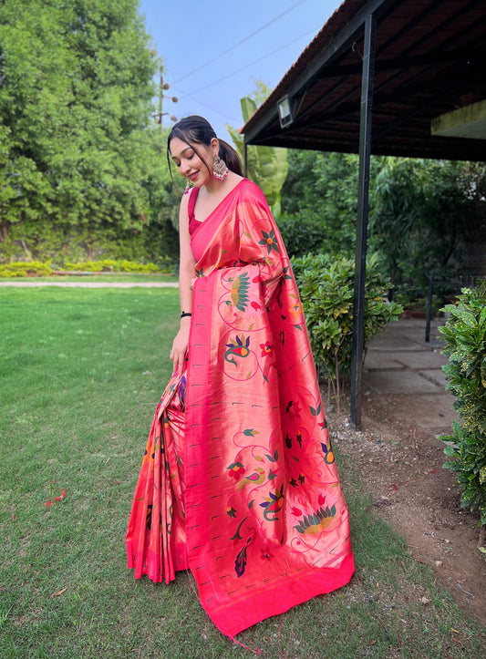 Pink Color Pure Paithani Saree with Unstitched Blouse