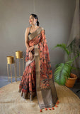 Pure Pink Tussar Silk Saree with Handpainted Kalamkari Print, Contrast Zari Weaving Border, Zari Woven Pallu, and Coordinated Contrast Printed Blouse.