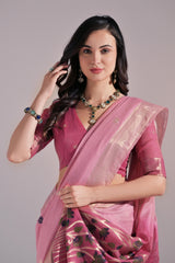 Pink Muga Cotton Saree with Contrast Blouse.