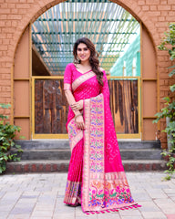 Premium Pink Bandhej Paithani Silk Saree – High Quality, Stylish Design with Zari Weaving, Paithani Border, Rich Pallu, and Matching Blouse.