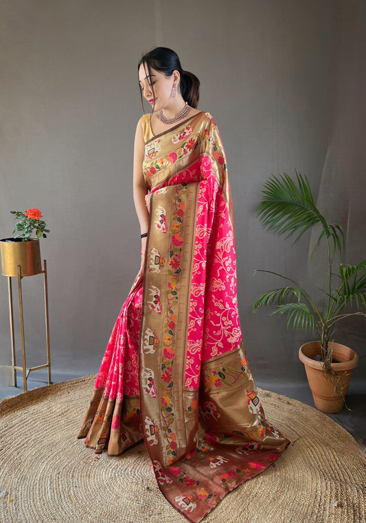 Pink Lucknowi Weaving Saree with Paithani and Patola Fusion