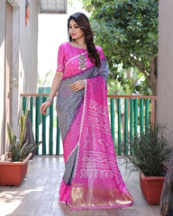 Premium Pink Pure Bandhej Silk Saree with Zari Weaving, Rich Tissue Pallu & Unstitched Blouse Piece.