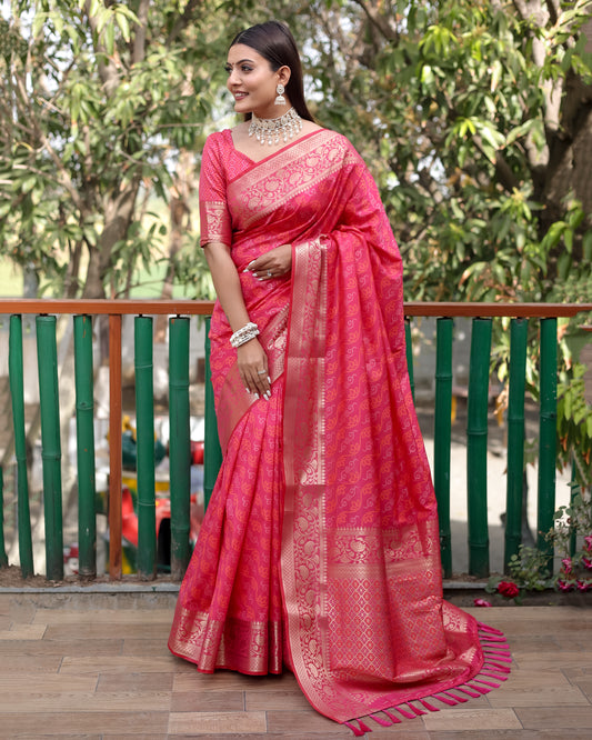 Luxury Handloom Pink Silk Bandhej Patola Sarees with Kanchi Borders and Unstitched Blouse Piece.