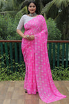 Elegant Pink Moss Chiffon Saree with Foil Print – Perfect for Festivals and Weddings | Imported Silk Blouse Included.