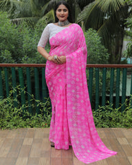 Elegant Pink Moss Chiffon Saree with Foil Print – Perfect for Festivals and Weddings | Imported Silk Blouse Included.