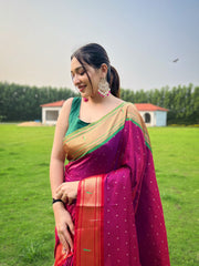 Pink Paithani Weaving Saree with Ganga Jamuna Border: Elegant Rich Pallu, All-Over Buttis, and New Concept Design.