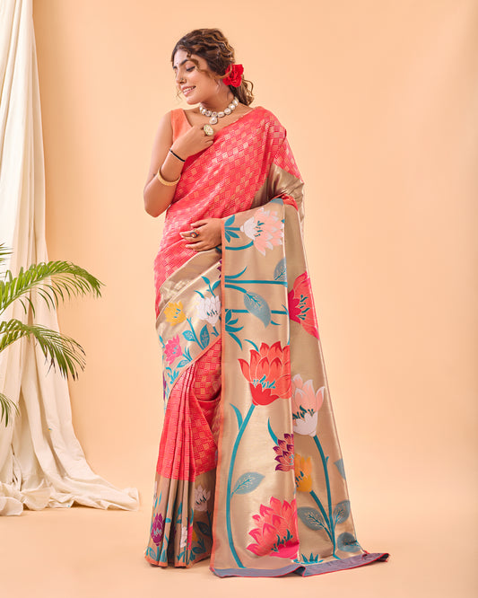 Authentic Pink Paithani Silk Sari with Grand Paithani Border, Contrast Richly Woven Pallu, and Meenakari Motifs