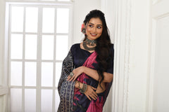 Pink Soft Tussar Silk Saree with Temple Border Print