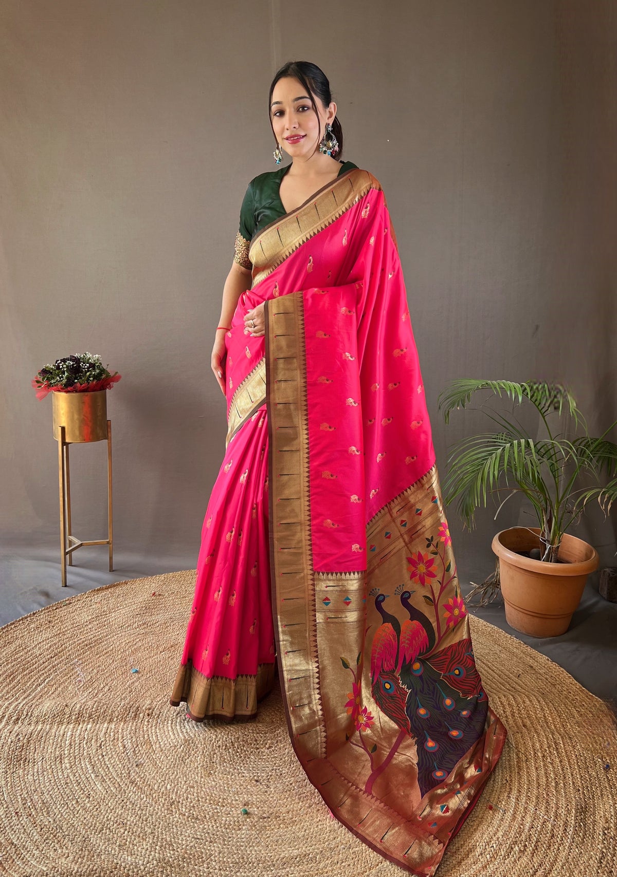 Pink Color Paithani Silk Saree with Rich Contrast Weaving Pallu, Border & Beautiful Buttis | Conceptual Brocade Unstitched Blouse Piece Included.