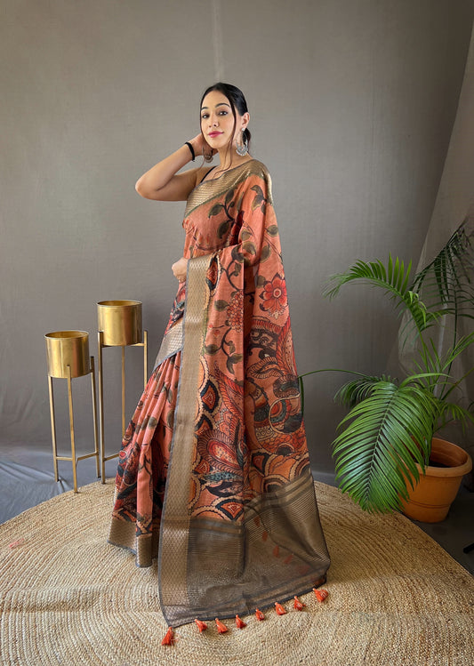 Pure Pink Tussar Silk Saree with Handpainted Kalamkari Print, Contrast Zari Weaving Border, Zari Woven Pallu, and Coordinated Contrast Printed Blouse.