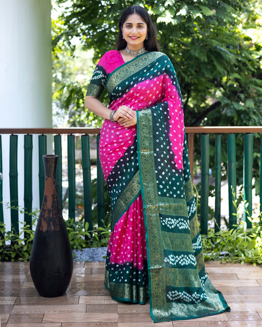 Authentic Pink Pure Bandhej Silk Saree with Zari Weaving, Broad Border, Rich Pallu & Unstitched Blouse Piece.