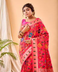 Pink Pure Paithani Silk Saree with Jaal Design and Meenakari Work, Paithani Border, and Rich Pallu – Includes Unstitched Blouse Piece.