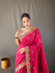 Pink Tussar Silk Saree with Embroidery Work