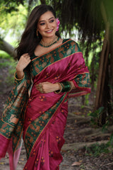 Pink Soft Tussar Silk Saree with Beautiful Peacock Prints