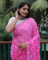 Elegant Pink Moss Chiffon Saree with Foil Print – Perfect for Festivals and Weddings | Imported Silk Blouse Included.