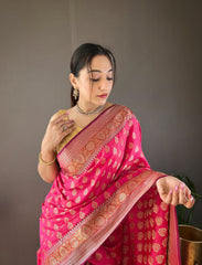 pink Color Rosy Soft Silk Saree with Beautiful Border, Rich Pallu & Full Brocade | Unstitched Blouse Included.