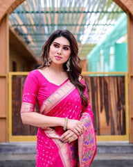 Pink Bandhej Paithani Silk Saree and Matching Blouse