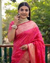 Elegant Pink Handloom Silk Bandhej Patola Sarees with Kanchi Borders & Unstitched Blouse